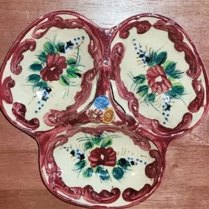 Antique Tri-Handled Trinket Holder 3 Section Candy Dish Hand Painted Red Flowers